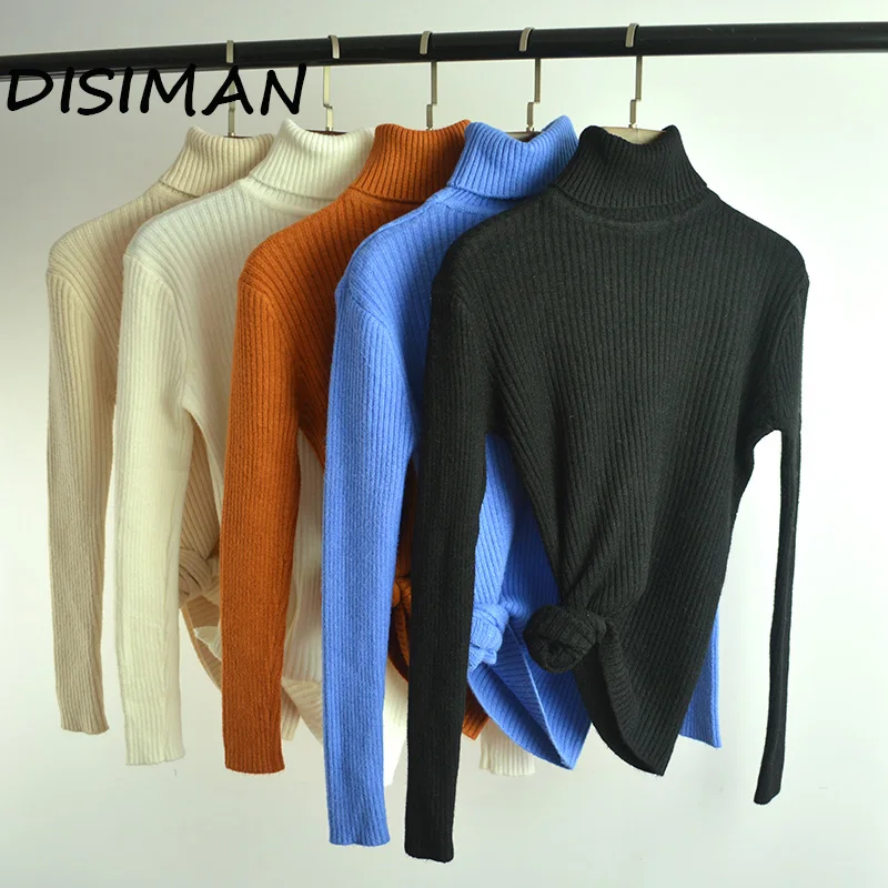 

DISIMAN 2019 NEW turtleneck sweaters pullovers Knit solid color Female tight-fitting slim sweater