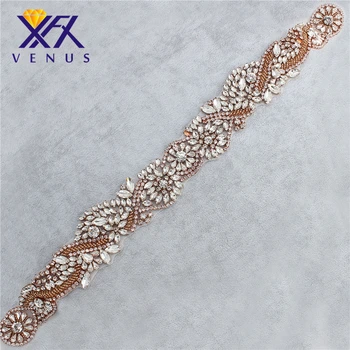 

High quality handmade bridal sash hot fix iron on gold base clear rhinestone crystal trim chain for wedding dress sash DIY dress