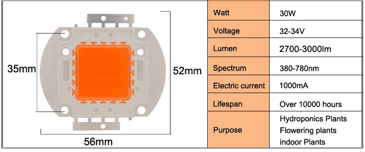 Светодиодный чип 10 Вт, 20 Вт, 30 Вт, 50 Вт, полный спектр, 380 нм~ 780 нм, высокая мощность, яркий светильник, 9-34 в, нужен драйвер, лучше для роста растений