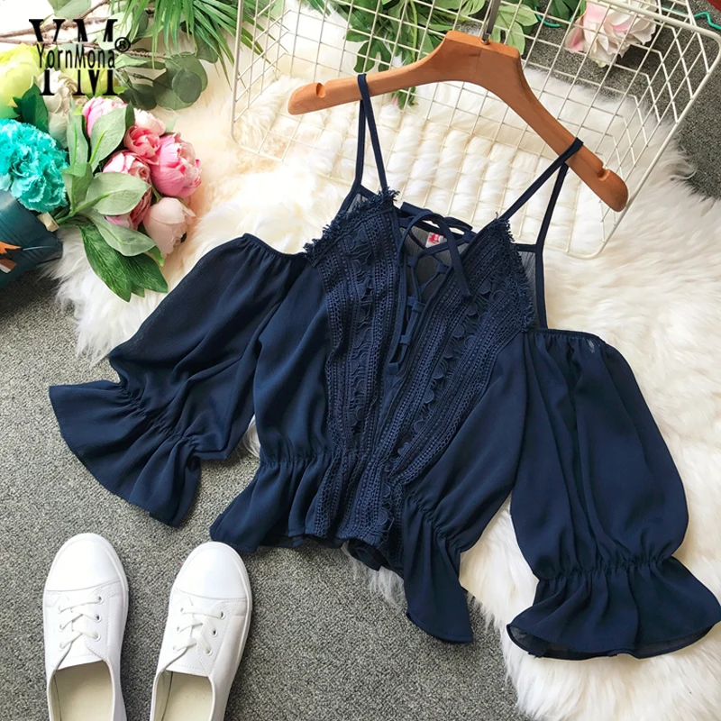

YornMona Off Shoulder Women Tops and Blouses 2019 Korean Style Chic Lace Chiffon Blouse Vintage Ruffle Mesh Blouse Shirt Blusas