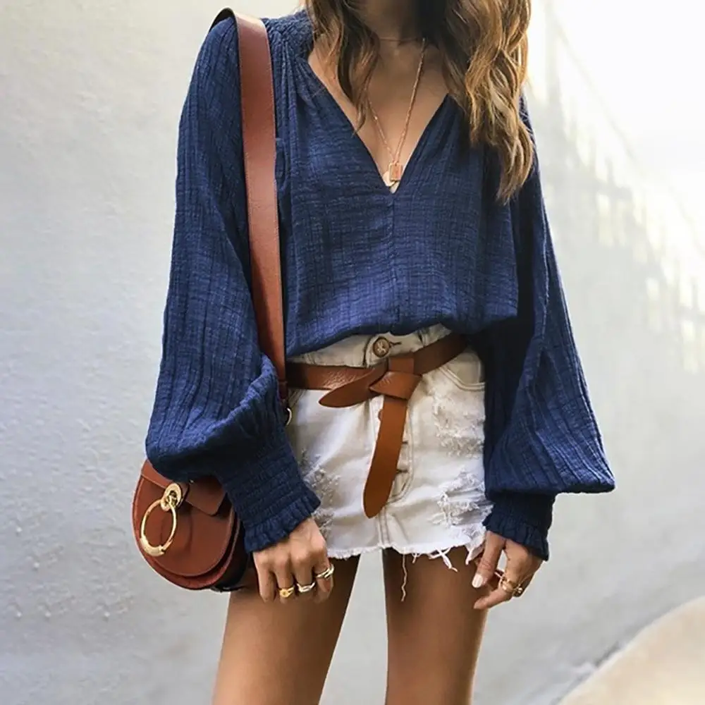 

Women Autumn Loose Casual Long Sleeved Pure Color V Neck Shirts Autumn Blouses