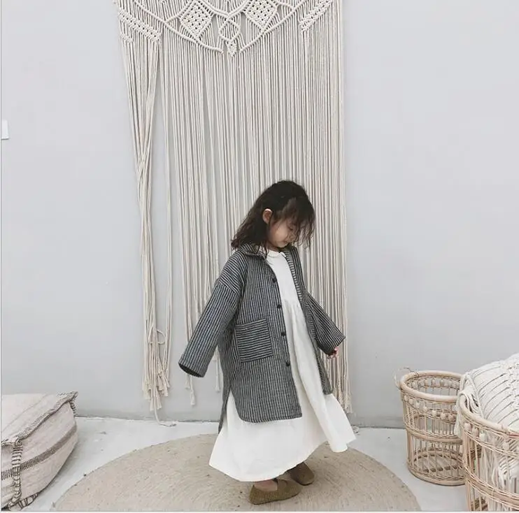 

2019 new girls boys striped shirt spring full sleeve cotton linen fashion kids coat 2-7t HF9241