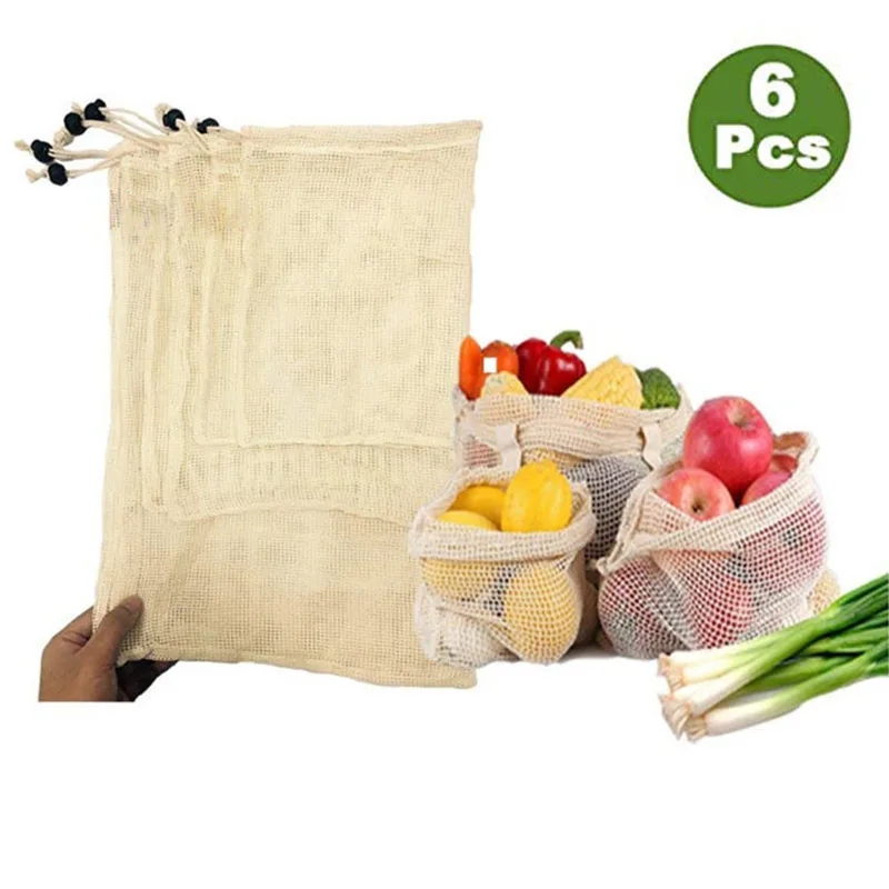 6 шт./лот, экологичные сумки для овощей, многоразовые мешки для производства, хлопковые сетчатые сумки с кулиской, для дома, кухни, для хранения фруктов и овощей