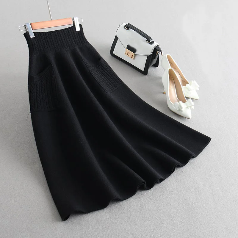 Winter Thick Wool Knitting Long Skirts With Pocket OG0693