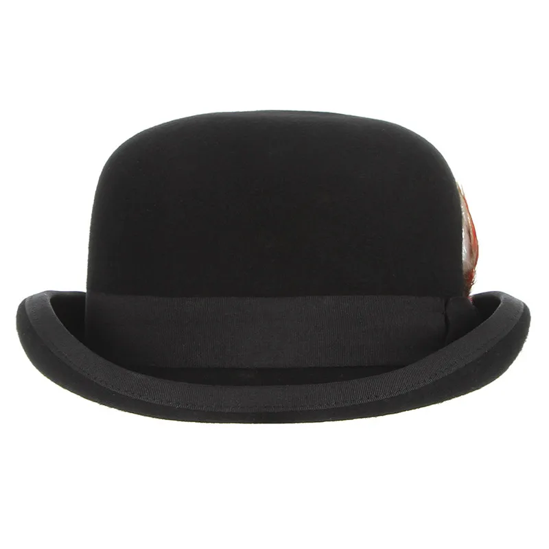 GEMVIE 4 Sizes 100% Wool Felt Black Derby Bowler Hat For Men Women Feather Satin Lining Casual Formal Fedora stetson fedora