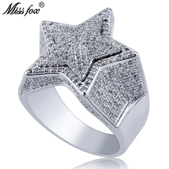 

MISSFOX Hip Hop Hot Sale Five-Pointed Star Stereo Men Ring 18k Gold Luxury Ring Full Cubic Zirconia Painting Dot Around Sieraden