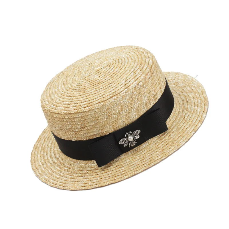 Канотье шляпа пляжная шляпы пляжные модные женские туфли s летние кепки козырек шляпа летняя пляжная шляпа шапки для женщин с плоским верхом соломенная шляпа лето шляпа шляпа соломенная - Цвет: black