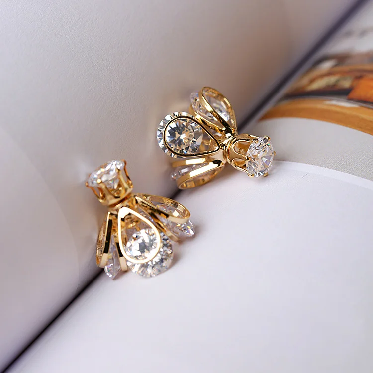 Gold Color Серьги-гвоздики с мерцающей короной из аниса, кубический циркон, двойные Двухсторонние серьги, женские модные ювелирные изделия Aretes - Окраска металла: Gold Color