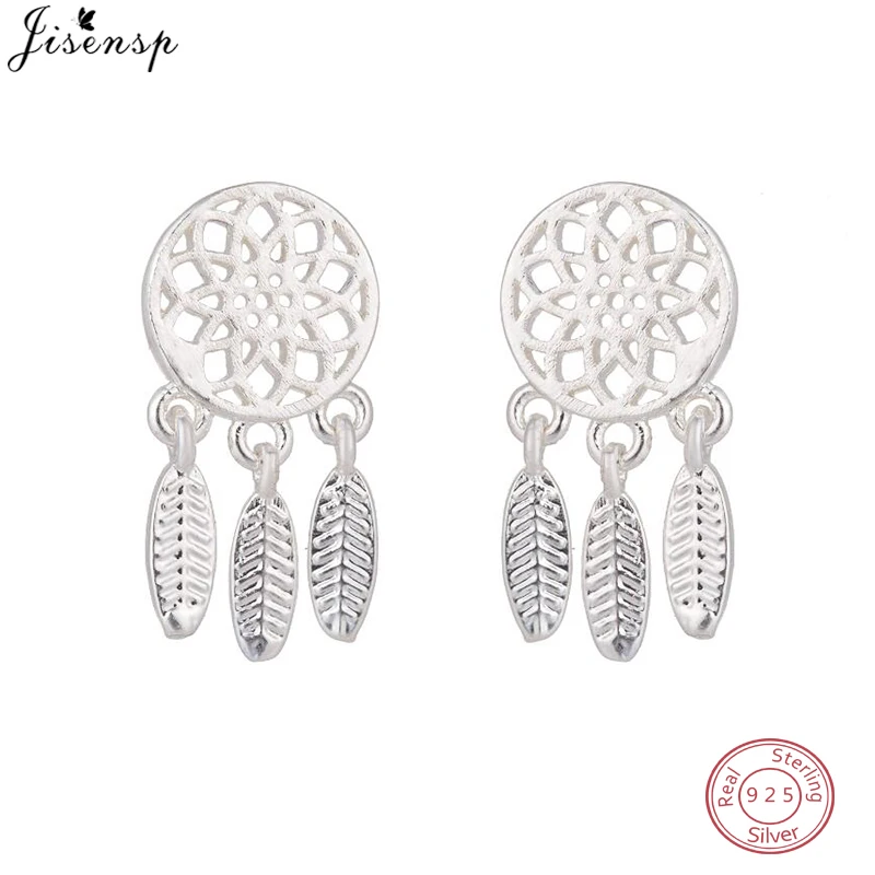 

Jisensp 925 Sterling Silver Ethnic Brushed Tassel Dreamcatcher With Feathers Stud Earrings for Women Party Plant Earrings Gifts