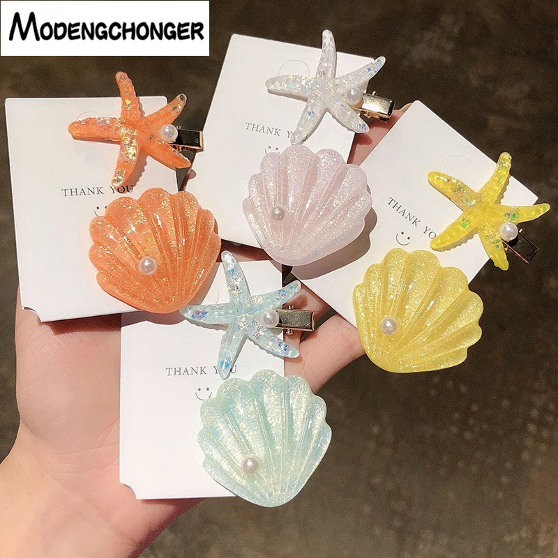 

2PCS/SET Hot Hair Clips For Women Girls Starfish Shell Pearl Hairpins Hairband Alloy Barrettes Novel Headdress Hair Accessories