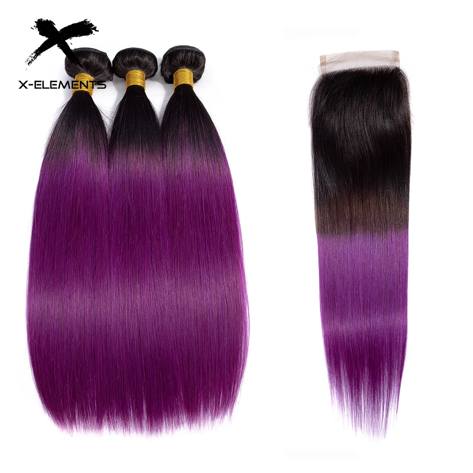 X-Elements Ombre Peruvian Straight Hair Bundles With Closure 3 Pcs with Closure T1B Purple Ombre Human Hair Weave With Closure  (4)