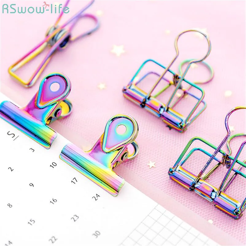 

2PCS Creative Dazzling Laser Swallow Tail Clip Metal Plating Rainbow Long Clip Student Folder Office Stationery Supplies Rainbow