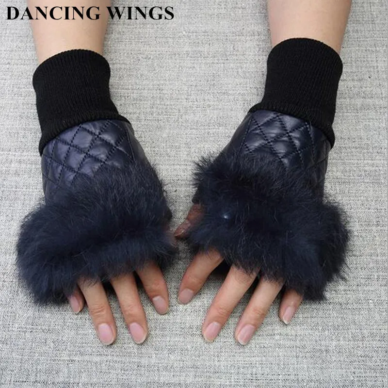 Winter Fashion Real Rabbit Fur Fingerless Gloves Women Genuine sheepskin Leather Gloves AG 26in