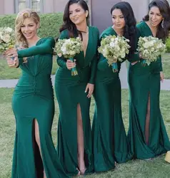 С длинным рукавом темно-зеленые Длинные свадебные платья с разрезом 2019 Модные V образным вырезом Русалка фрейлина Junior свадебных гостевых Go