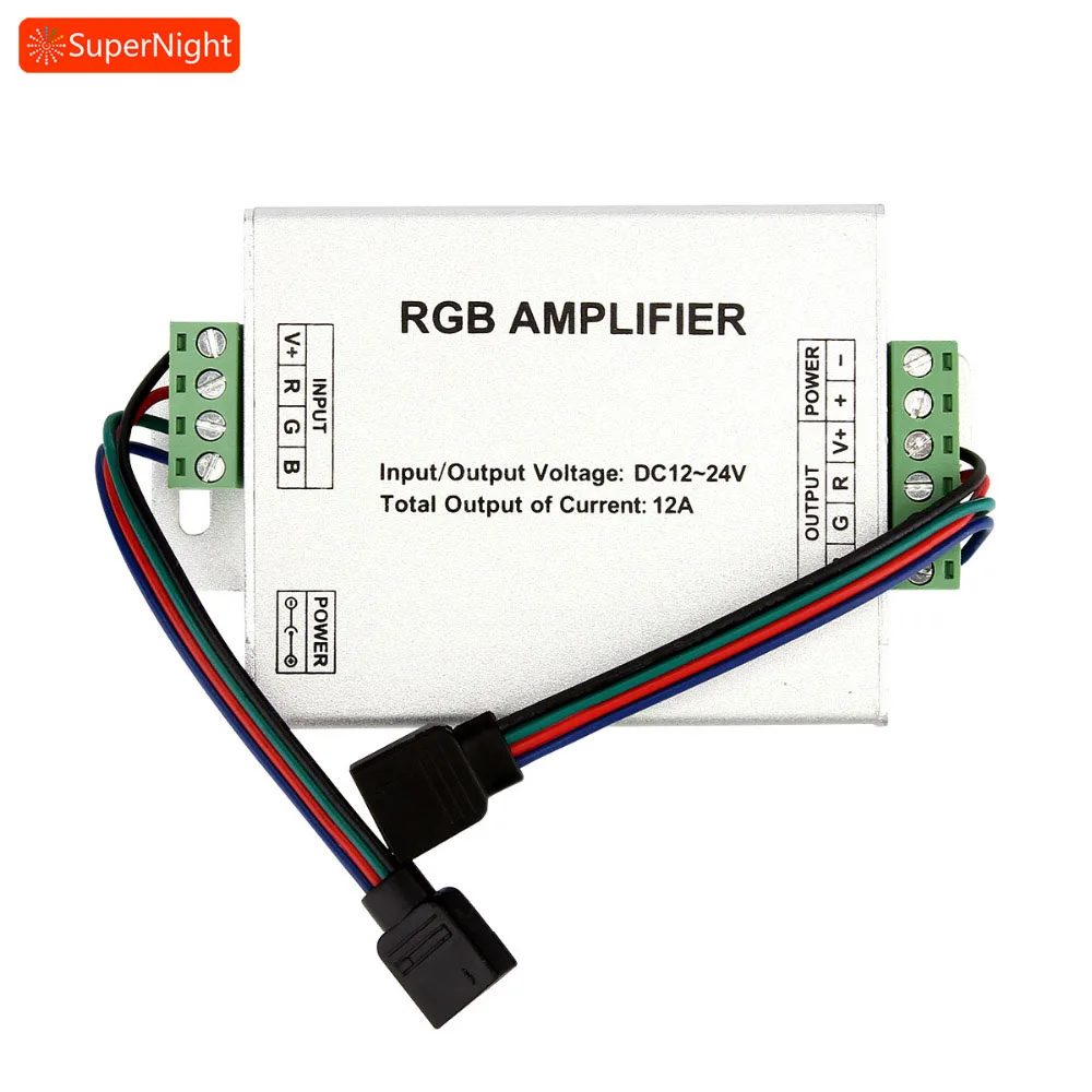 

SuperNight 4 pin RGB Signal Amplifier LED Controller DC 12V-24V 12A Aluminum Case Data Repeater Adapter for RGB LED Strip Light