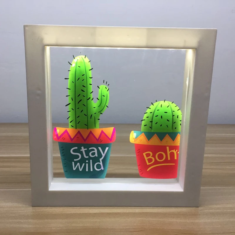 

DELICORE Frame with white LED Light Flamingo Cactus Acrylic light up picture frame Wall Decoration Lamp USB and Battery P003