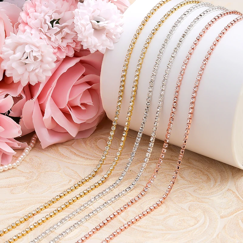 

YANSTAR 10Yards Single Row Hot fix Rhinestone Cup Chain SS12 Setting Close Set Rhinestone Chain Gold Rose Gold YS972