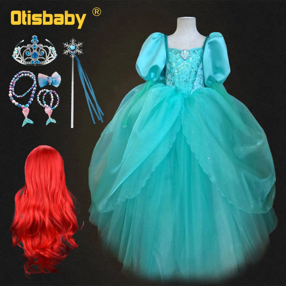 

New Year Little Mermaid Costume Halloween Child Princess Ariel Dress Fluffy Girl Green Puff Sleeve Dress Birthday Gown Infant