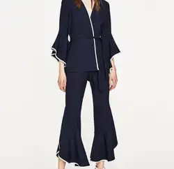 Wishbop 2017 новые женские v-образным вырезом куртка с контрастной окантовкой планки 3/4 Асимметричные рукава с оборками связей с подходящим