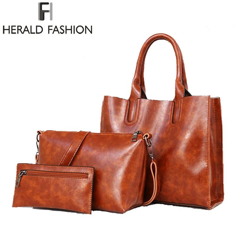

Herald Fashion Causal Tote Bag Women Handbag 3pcs/Set Composite Bag Female Shoulder Bag Ladies Pu Leather Messenger Bag