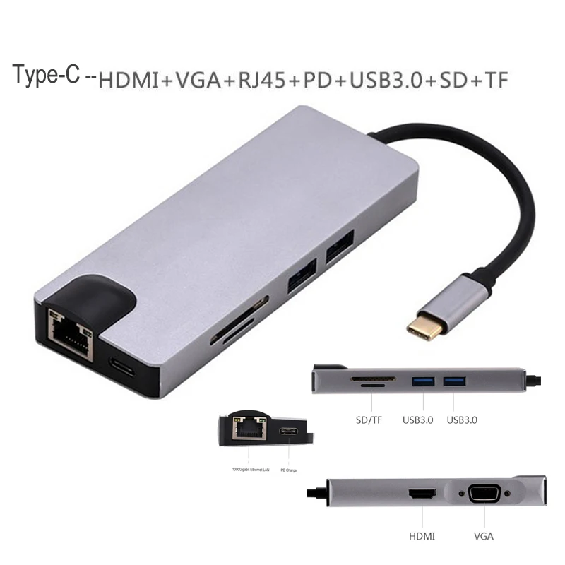 Baolyda USB C концентратор к HDMI адаптер Тип C многопортовый док-станция к 4K HDMI 1000 Мбит/с Ethernet VGA USB 3,0 для MacBook Pro/диск/клавиатура - Цвет: USB C 8in1 gray