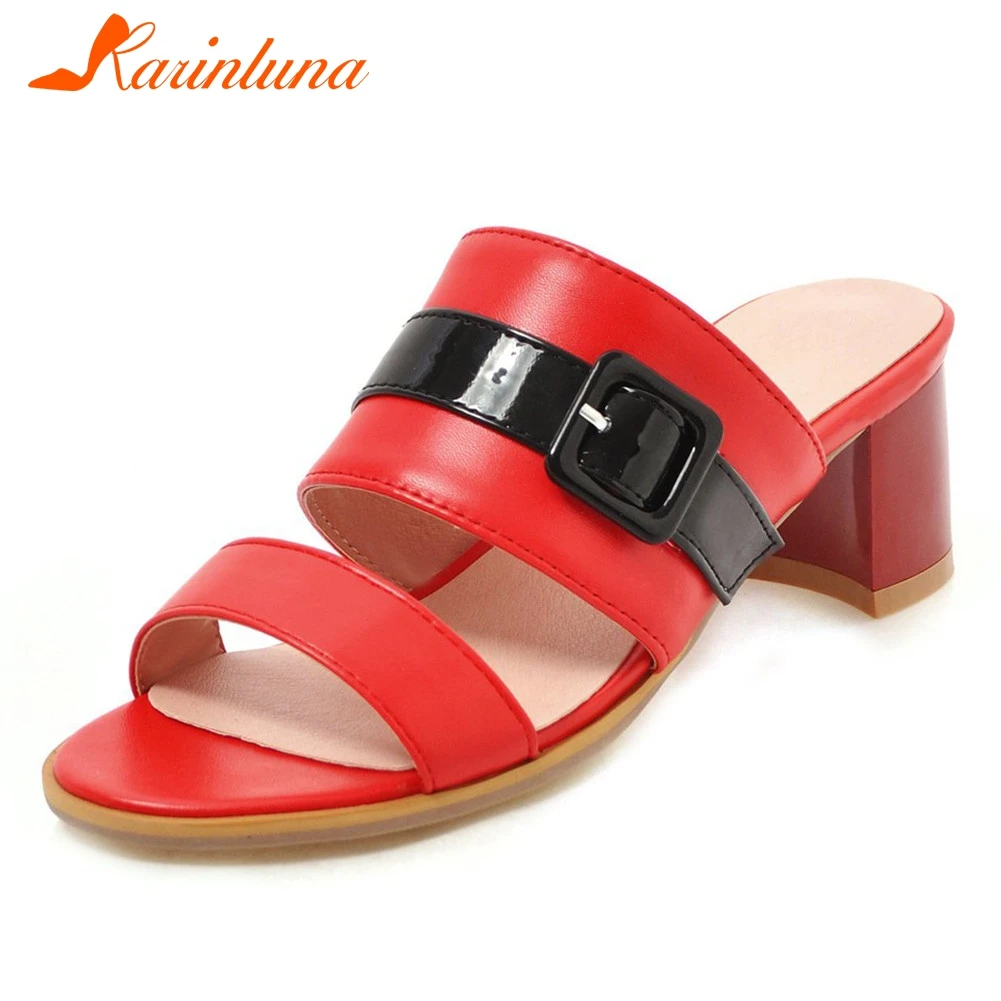 

KARINLUNA 2019 Fashion Mixed Colors Quare Med Heels Peep Toe Mules Woman Pumps Party Woman Shoes Women Plus Size 34-43