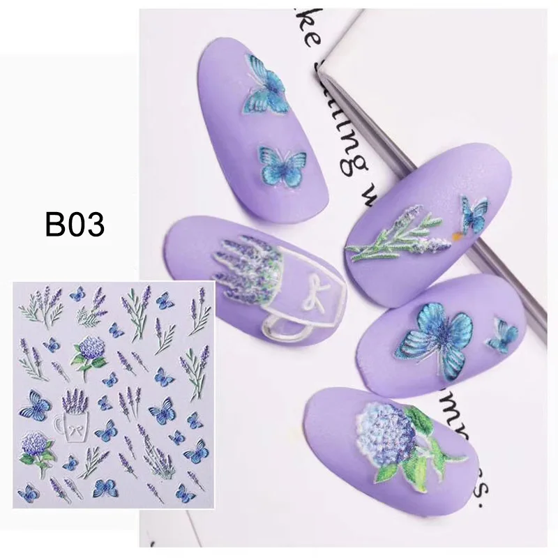 1 лист цветов самоклеющиеся лаванды 5D наклейки для ногтей s наклейки акриловые тисненые бабочки 3D наклейки для ногтей маникюра украшения