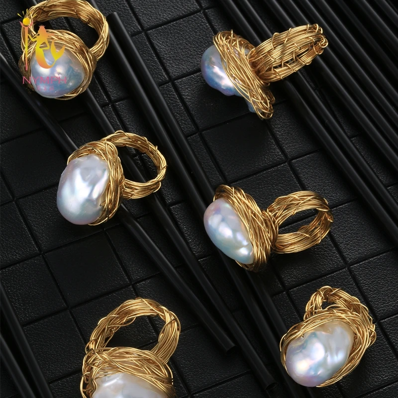 

NYMPH Natural Fresh water Pearl Ring Big Pearl Ring For Women Near Round Fine Jewelry Luxurious Wedding Bands J315
