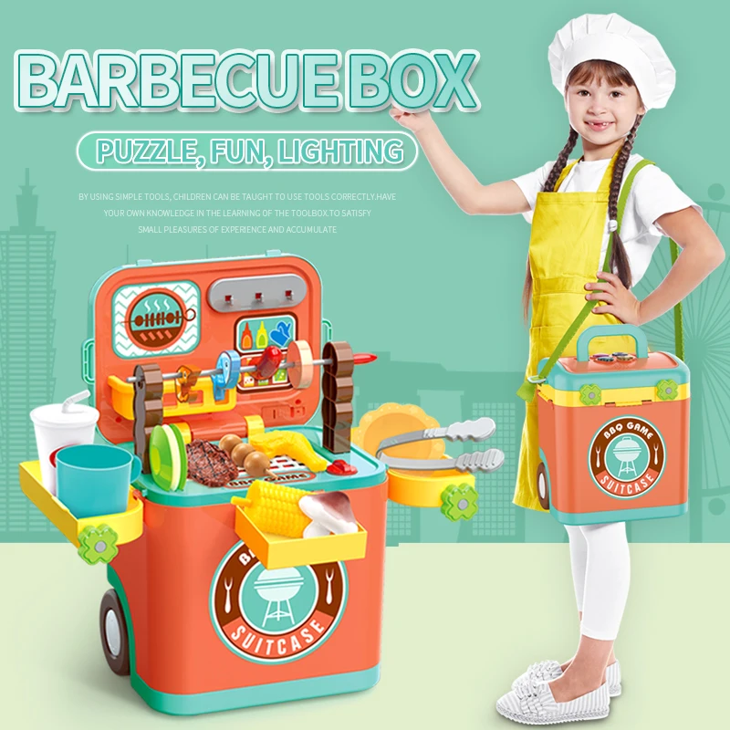 

Children's BBQ Toy Suitcase Trolley Box Play House Toy Puzzle Early Learning Simulation Toy