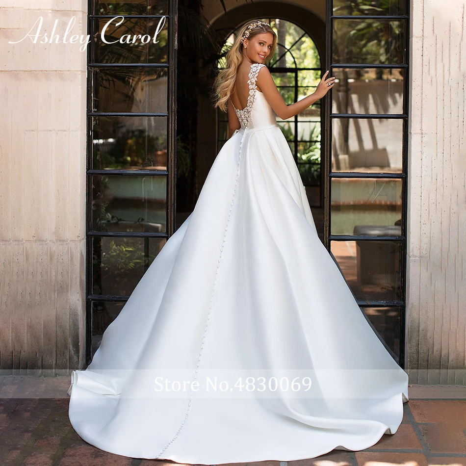 Ashley Carol элегантное атласное свадебное платье с открытой спиной с аппликацией без рукавов со шлейфом трапециевидной формы простое платье принцессы, невесты