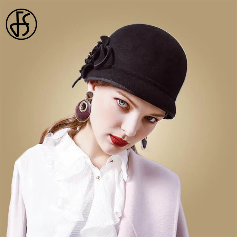 FS новая шерстяная фетровая женская шляпа-федора Черная кепка котелок зимние элегантные женские цветы винтажные осенние Клош шляпы-федоры для посещения церкви - Цвет: Black Wool Hat