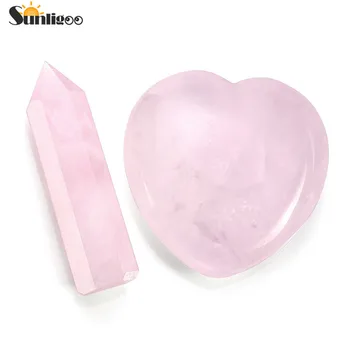 

Sunligoo Newest Chakra Crystal Healing Kit/ Rose Quartz Puffy Heart Stone & Rose Quartz Healing Crystal Point Faceted Prism Wand