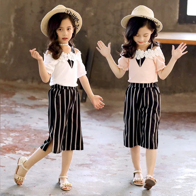 

19 New Summer Girls T Shirt +Shorts 2 Sets Striped Boat Neck Baby V Beatiful Clothing SETS