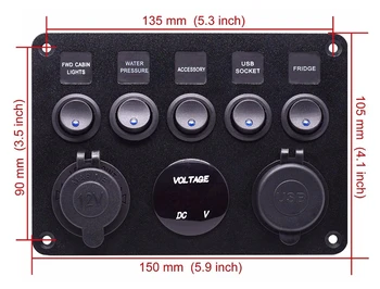

USB Socket Charger 2.1A&2.1A+LED Voltmeter+12V Power Outlet+5 Gang ON-OFF Toggle Switch Panel for Car Boat Marine RV Truck
