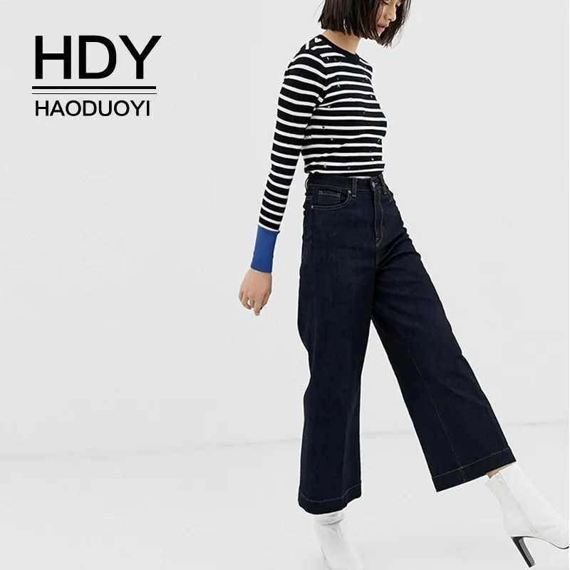 

HDY Haoduoyi 2019 New Fashion Contrast Cuff Jumper In Stripe Knitted Pullovers Jumpers Female Simplicity Simple Commuter Sweater