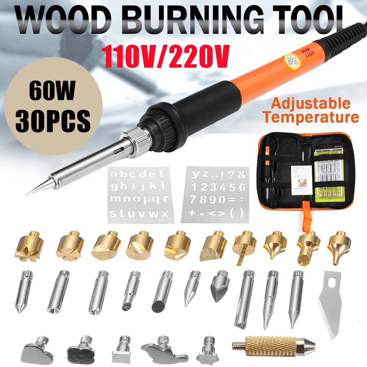 28Pcs 60W Electric Soldering Iron Temperature Adjust Tool 110V US Plug