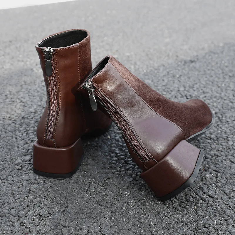 

Patchwork Suede&Leather Brown Boots Women Winter Plush Fur Booties Ankle Shoes Thick Heels Martin Snow Botas Chelsea Botines