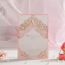 Laser Cut Wedding Invitations Cards With Gold Embossed Crown Lace Flora Design for Bridal Shower Free Customized CW6072