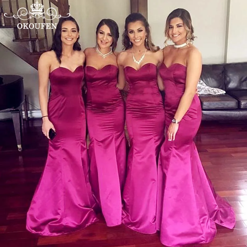 

Discount Long Mermaid Bridesmaid Dresses In Fuchsia Satin 2019 Corset Back Under 100 Maid Of Honor Dress Party For Women