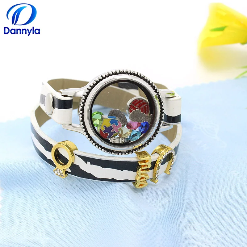 

Mix Color Double Layer Leather Floating Locket Bracelet Glass Charms Bracelets DIY Jewelry, Accept Customization LSLB14