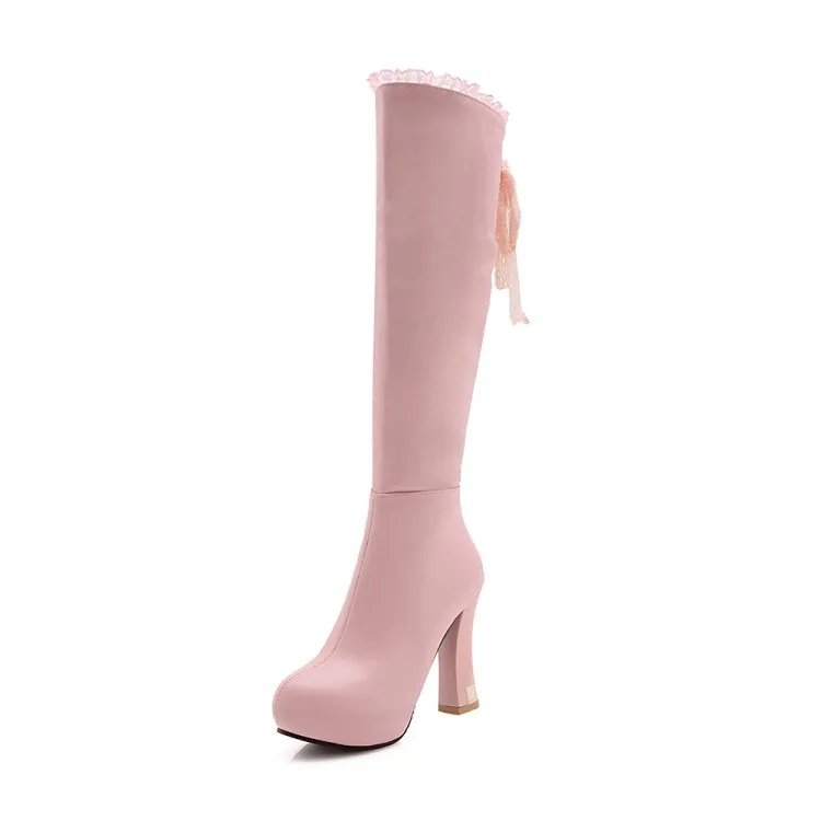 Women Boots Autumn Winter Warm Plush Super High Heel Pu Knee-High Round Toe Zip Platform Sexy New Fashion Black White Pink - Color: pink