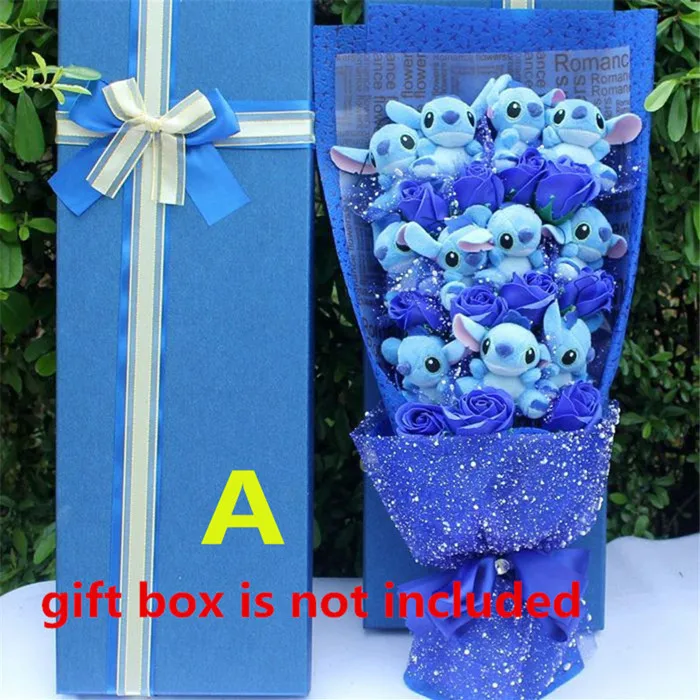 Wedding Day Flowers Artificial Fake roses bridal bouquets stich Lilo stitch Valentine Day wife gift kawaii of plush toy - Цвет: A  without gift box