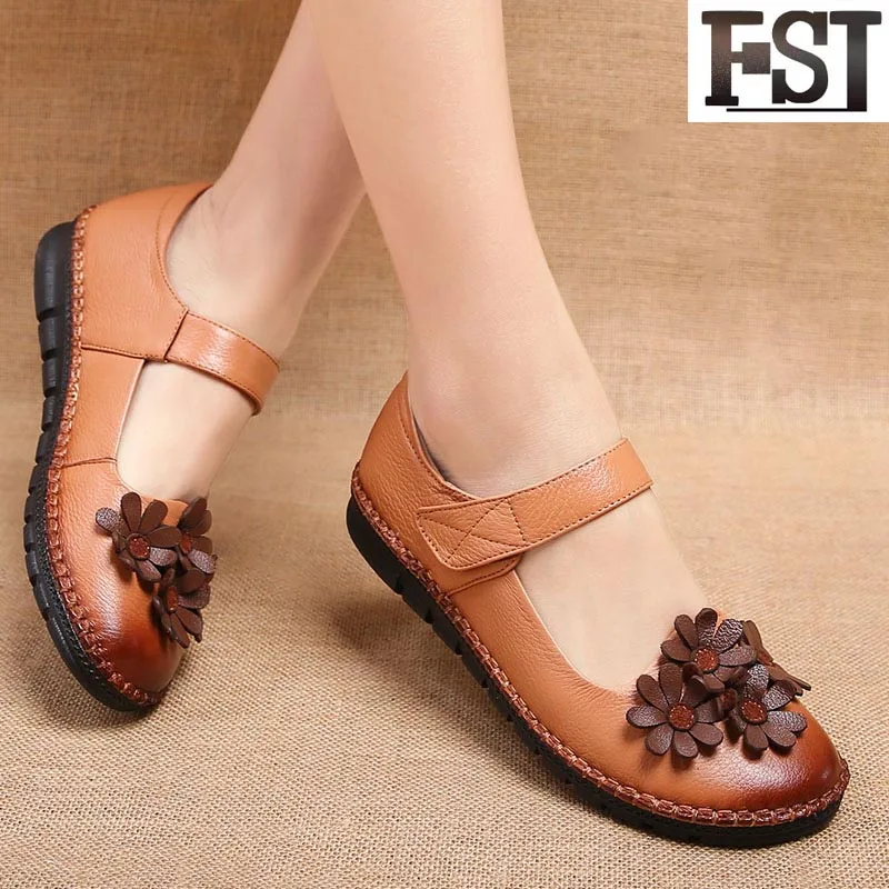 

FSJ Genuine Leather Ladies Cow Leather Solid Round Toe Synthetic Slip-On Spring/ Dress Flower Mature Women Orange Coloe Shoes