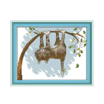 

11CT 14CT Printing Counting Handmade Cross Stitch Set Cute Kitten Upside Down DMC Line Embroidery DIY Embroidery Hanging