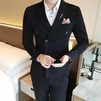 ( Jacket + Vest + Pants ) New Mens Fashion Solid Color Formal Business Double-breasted Suit 3 Set / Groom Wedding Dress Suits