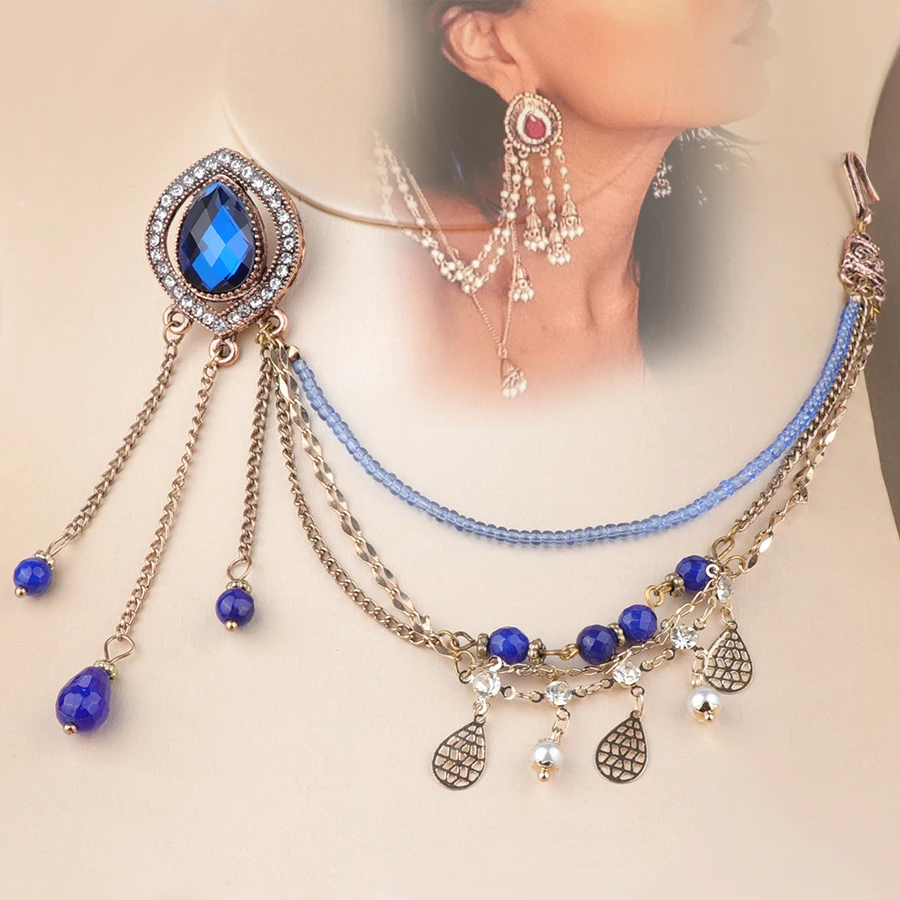 Kinel индийские ювелирные изделия серьги Ссылка головной убор для женщин античное золото синий натуральный камень кисточка серьги винтажные свадебные аксессуары