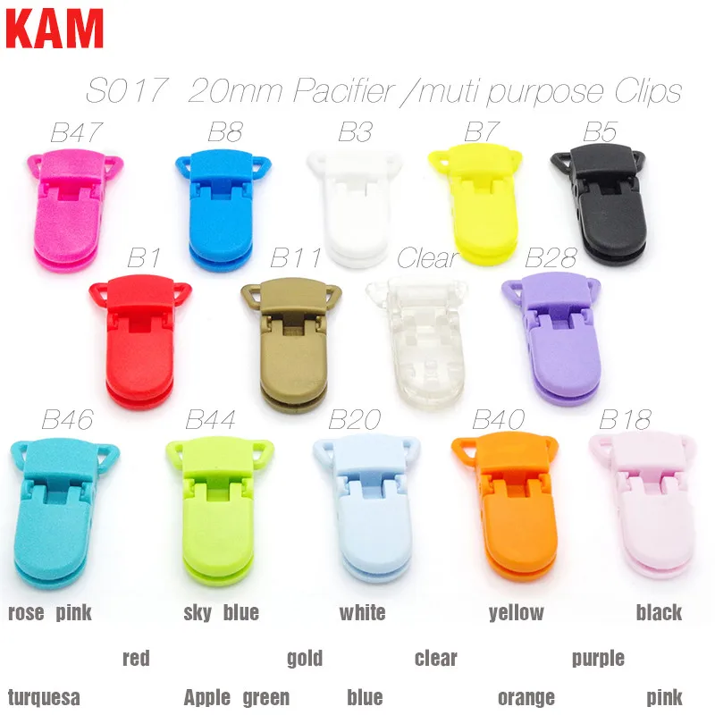 

14 Colors 14pcs S017 20mm KAM Branded D Shaped Plastic Clips Transparent Pacifier Clip Soother Clips For Baby Mixing Colors