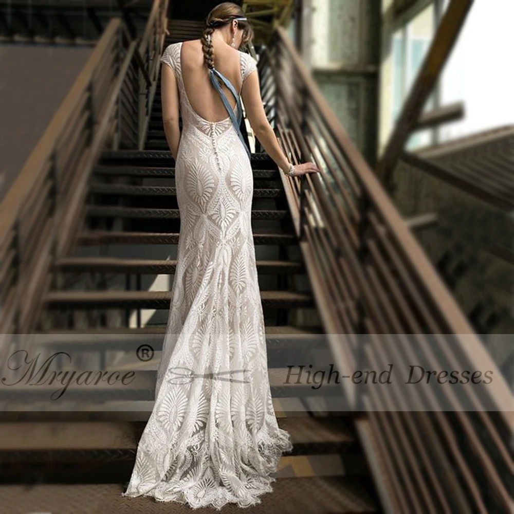 Mryarce Unique Lace Bohemian Wedding Dress With Cap Sleeves Open Back Mermaid Boho Bridal Gowns  (6)