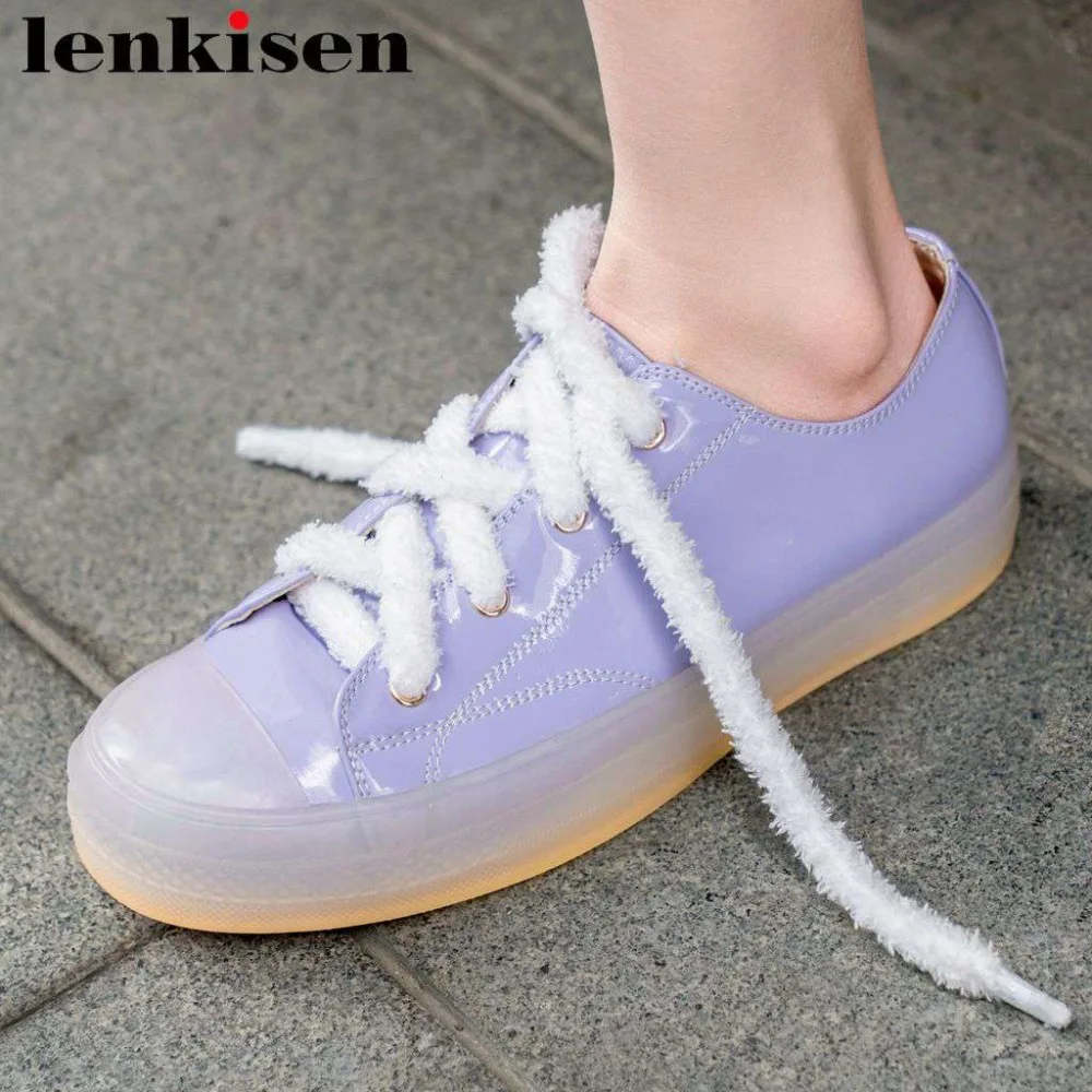 

Lenkisen simple style lace up natural leather shallow sneakers round toe big size low bottom preppy style vulcanized shoes L05