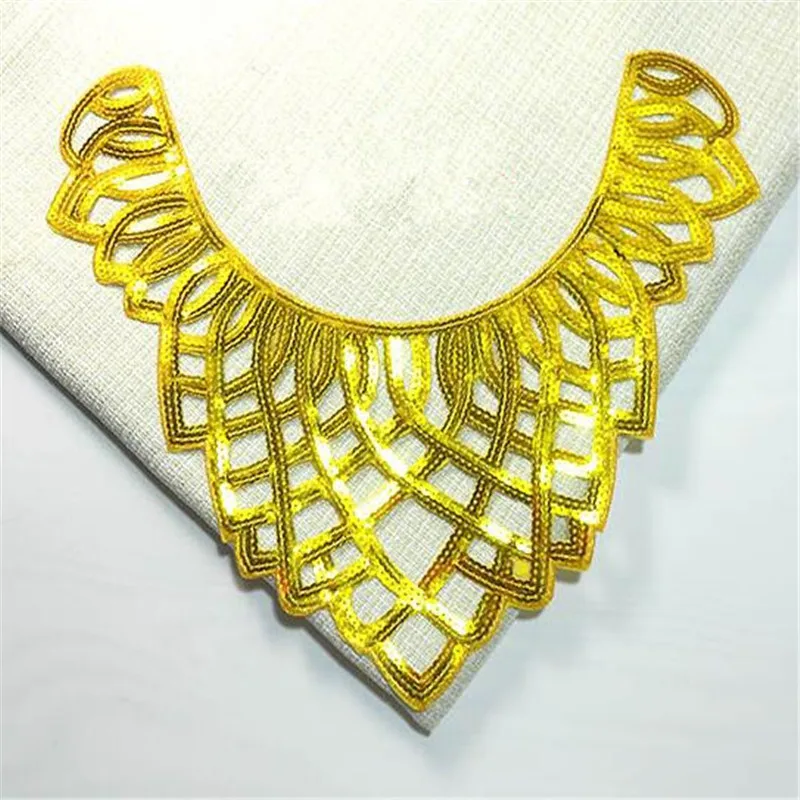 

1Pc Iron on Gold Sequins Motif Venise Lace Applique Collar Trim Lady Dress Decoration DIY 34X30cm YL0155